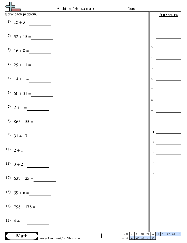 Addition (Horizontal) worksheet